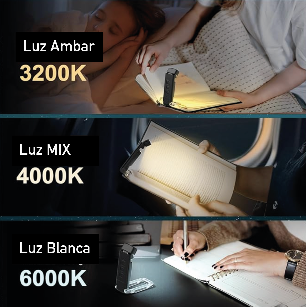 Luz De Lectura De Libro Lampara Recargable USB Negra